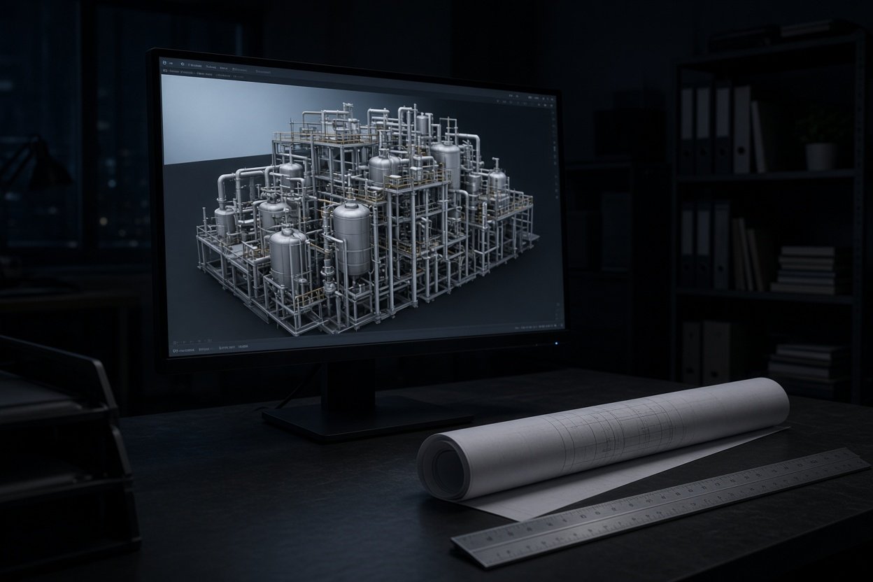 A dark office at night, a monitor showing a 3D model of a process module.