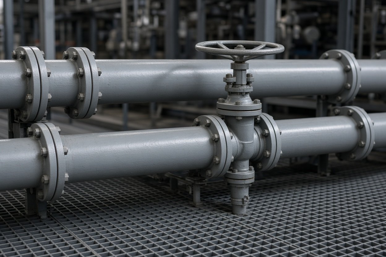 Close view of painted process pipe, a flanged valve, and a handwheel on steel grating.