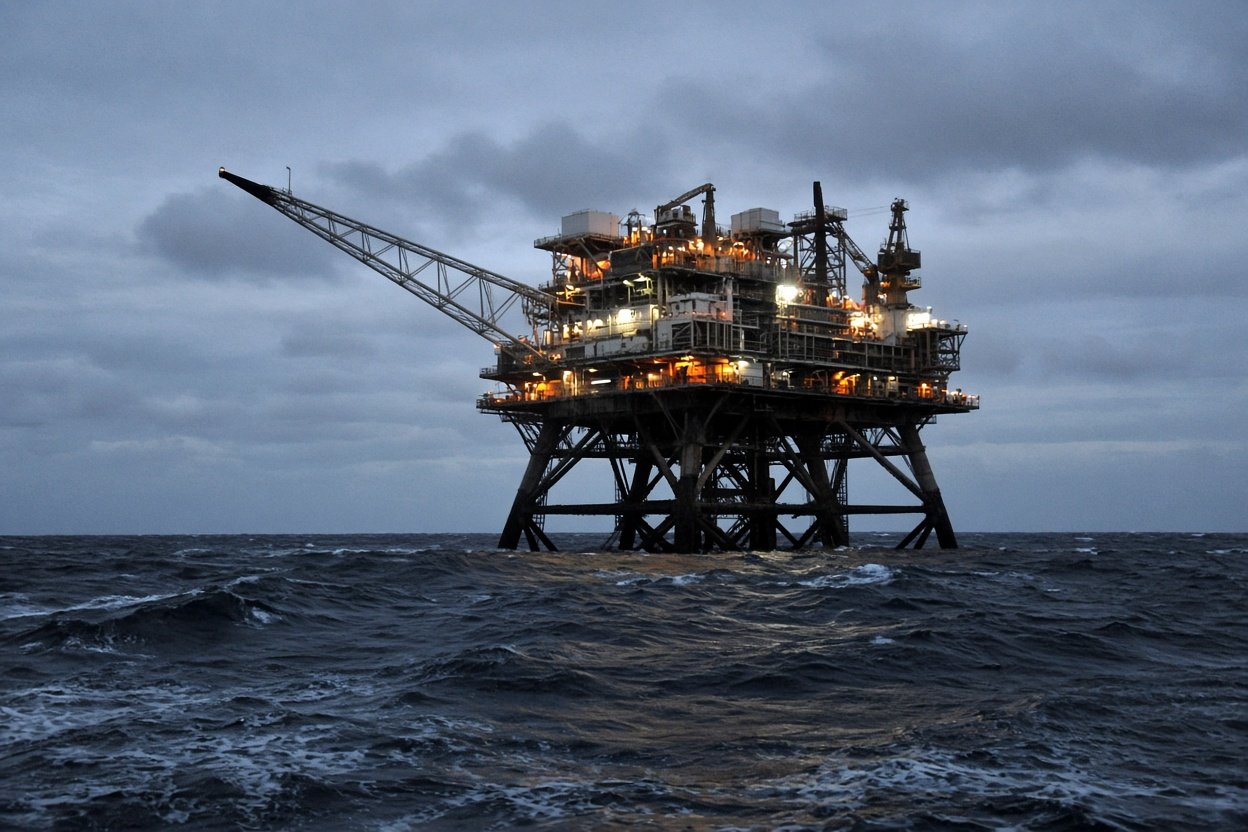 An offshore production platform at dusk, lit against a dark sea.